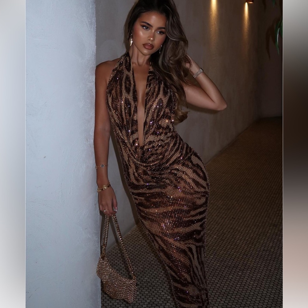 FASHION NOVA | Alexis Rhinestone Maxi Dress - Chocolate (XS)